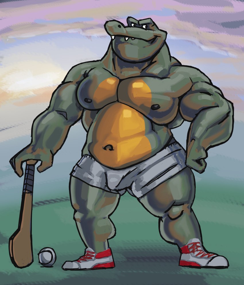 ball barazoku biceps bottomwear bulge clothed clothing detailed_bulge footwear male navel nipples pecs shoes shorts smile solo tenting topless birdy crocodilian reptile scalie absurd_res hi_res