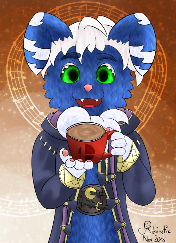 belt beverage biped blue_body blue_fur cheek_tuft chest_tuft clothed clothing coat coffee container cosplay cup eyebrows facial_tuft fur gradient_background green_eyes hair male open_mouth pawpads robe simple_background smash_ball solo teeth topwear tuft white_body white_fur white_hair robinstic fire_emblem fire_emblem_awakening nintendo pokemon super_smash_bros. robin_(fire_emblem) robinstic_(robinstic) felid generation_6_pokemon mammal meowstic pokemon_(species) hi_res