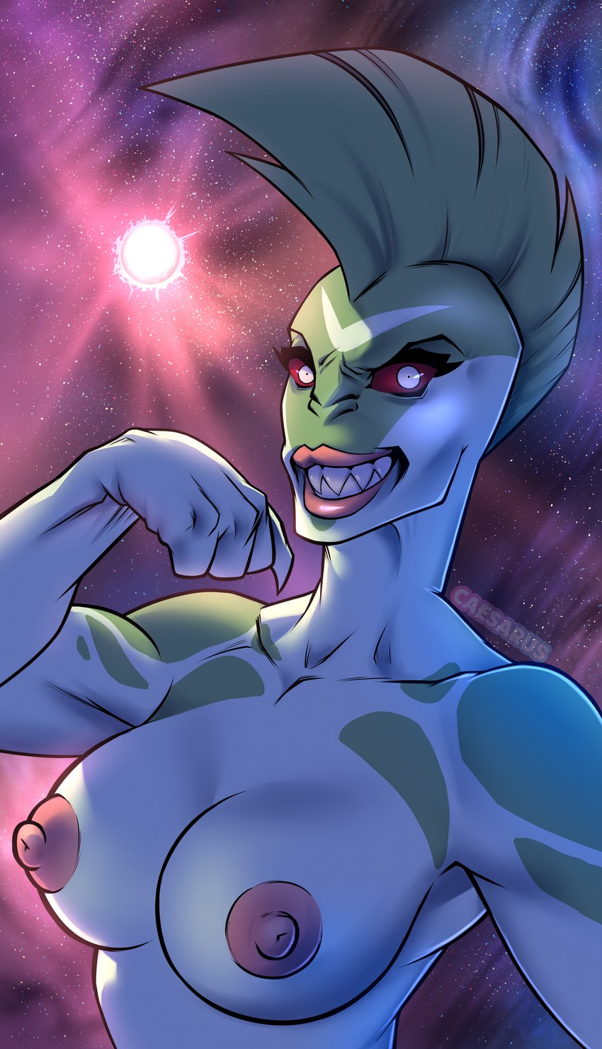 areola athletic athletic_female athletic_humanoid big_breasts black_eyebrows breasts collarbone cosmic_background curved_eyebrows detailed_background eyebrows eyelashes female fingers glistening glistening_eyes glistening_lips green_body green_markings grin grinning_at_viewer humanoid_hands iris light_body lips looking_at_viewer markings mohawk multicolored_body muscular muscular_arms nipples nude nude_female nude_humanoid pink_areola pink_lips pink_nipples puffy_areola puffy_nipples pupils shadow sharp_teeth small_pupils smile smiling_at_viewer solo starry_background teeth thick_eyelashes thick_lips two_tone_body white_body white_breasts white_eyes caesarus image_comics invincible_(image_comics) thresha_(invincible) alien alien_humanoid fish humanoid marine shark 2024 absurd_res artist_name digital_drawing_(artwork) digital_media_(artwork) half-length_portrait hi_res portrait