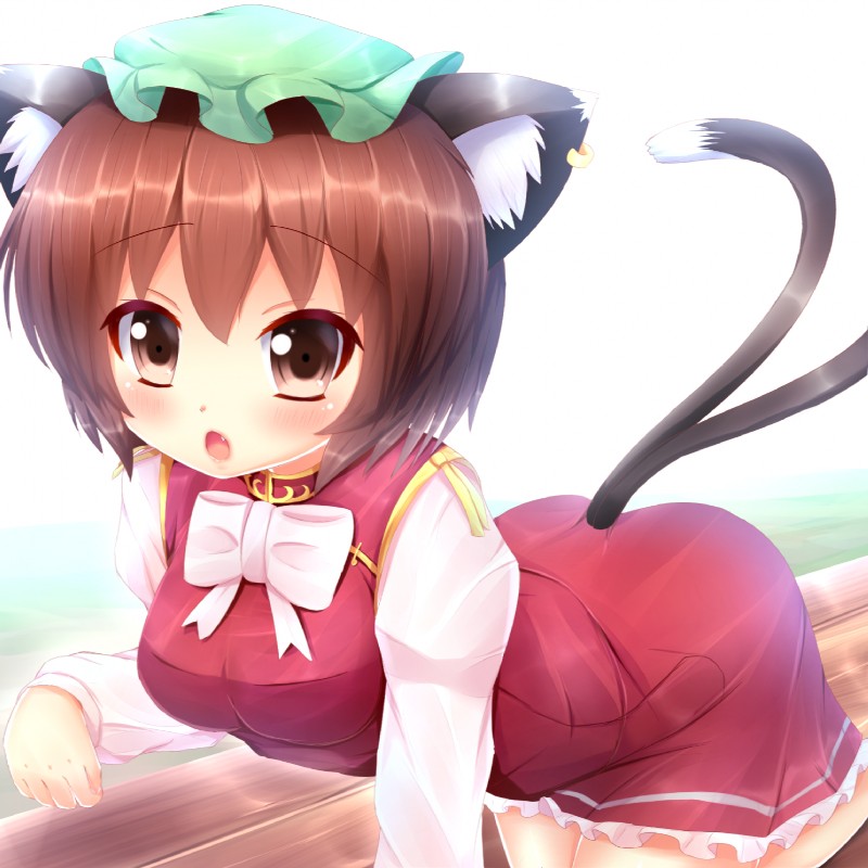 all_fours blush brown_eyes brown_hair cat_tail clothing dress ear_piercing fangs female hair jewelry multi_tail open_mouth piercing red_clothing red_dress ribbons shirt simple_background single_ear_ring solo tail teeth topwear white_background kane-neko asian_mythology east_asian_mythology japanese_mythology mythology touhou chen_(touhou) animal_humanoid cat_humanoid felid felid_humanoid feline feline_humanoid humanoid mammal mammal_humanoid nekomata yokai 1:1 hi_res