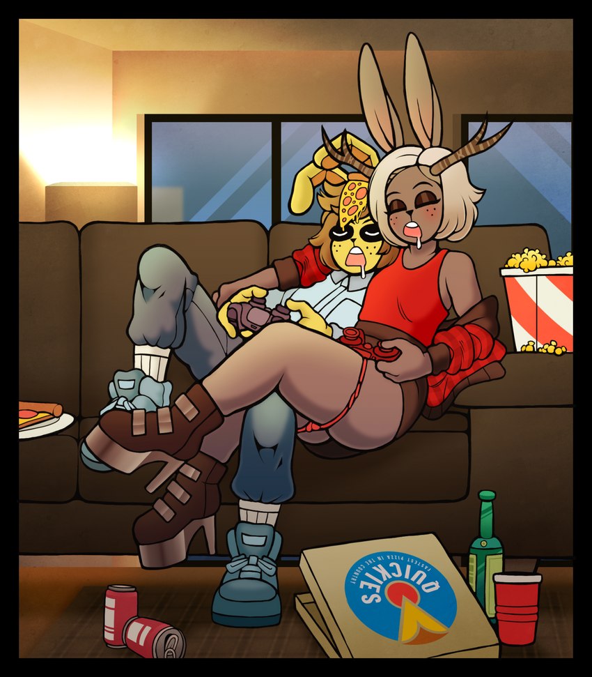 anthro beverage_can butt clothed clothing container controller duo female food footwear game_controller high_heels male panties panties_down partially_clothed pizza pizza_box popcorn red_clothing red_shirt red_topwear shirt shoes sneakers socks topwear underwear underwear_down ponehanon big_bun_burgers dale_(ponehanon) umbra_(umbradur) deer hybrid lagomorph leporid mammal rabbit umbra_(disambiguation) hi_res