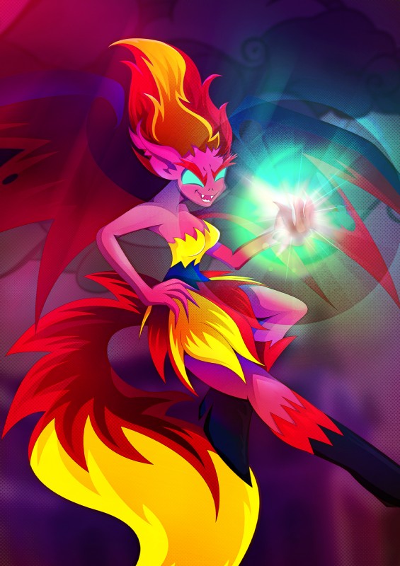 claws clothing cloud dress fangs female glowing glowing_eyes green_eyes magic sharp_teeth solo teeth rariedash equestria_girls hasbro my_little_pony demon_shimmer_(eg) sunset_shimmer_(eg) demon 2015 hi_res portrait three-quarter_portrait