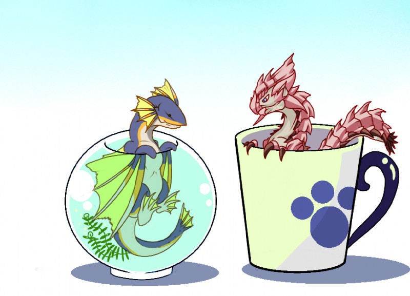 ambiguous_gender aquarium black_eyes blue_body blue_eyes blue_scales bowl chibi claws container cup duo feet female feral fin fish_bowl footprint membrane_(anatomy) micro pawprint pink_body pink_scales scales simple_background tail toes vivarium water webbed_feet white_body white_scales yellow_body yellow_scales ケル。 capcom european_mythology monster_hunter mythology dragon fish flying_wyvern marine mythological_creature mythological_scalie pink_rathian piscine_wyvern plesioth rath_wyvern rathian scalie western_dragon wyvern 2011