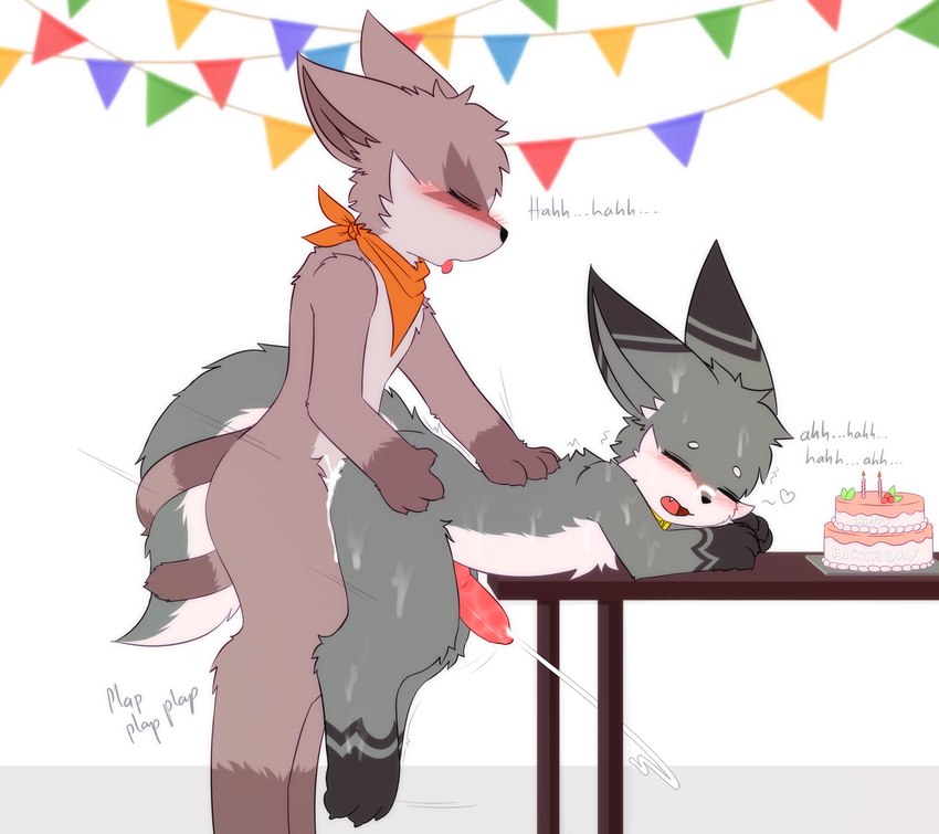 anal anal_penetration animal_genitalia animal_penis anthro banner birthday birthday_cake birthday_sex blush bodily_fluids cake candle canine_genitalia canine_penis claws cum cum_inside cum_on_body cumshot dessert ejaculation entwined_tails eyes_closed fangs food from_behind_position furniture genital_fluids genitals hands_on_hips heart_symbol kerchief knot legs_in_air male male/male on_table open_mouth penetration penis scarf sex simple_background table tail tail_coil teeth text thrusting tongue tongue_out senz ancesra_(ancesra) sean_(senz) iradeon mammal procyonid raccoon absurd_res hi_res