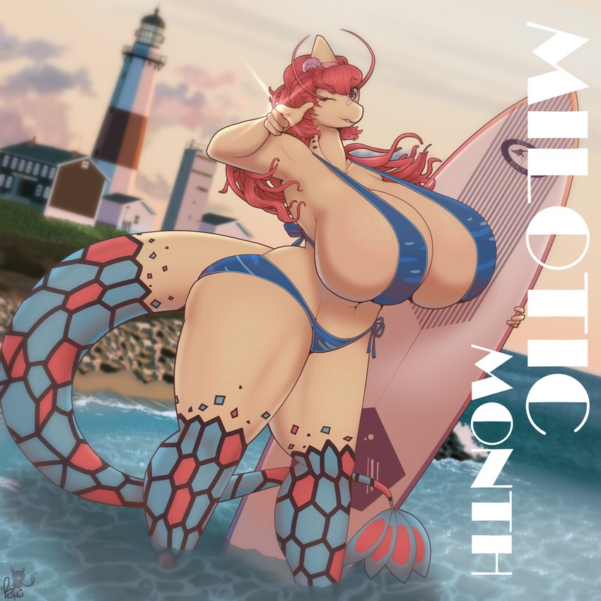 accessory anthro anthrofied athletic athletic_anthro athletic_female bandage beach big_breasts bikini blush breasts building clothed clothing cloud day dialogue evening female hair hair_accessory hair_bun hairpin house huge_breasts lighthouse non-mammal_breasts partially_submerged pink_hair pokemorph rock sea seaside smile solo sport surfboard swimwear text thick_thighs two-piece_swimsuit water expand-blurples milotic_day nintendo pokemon pokemon-specific_day elizabeth_(megustalikey) generation_3_pokemon marine milotic pokemon_(species) 1:1 english_text hi_res