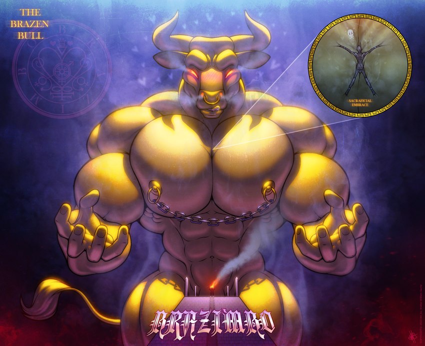 anthro big_pecs brazen_bull death_by_snu_snu duo extreme_size_difference gold_(metal) heart_stream larger_anthro larger_male macro male male/male micro muscular muscular_male nipple_chain nipple_piercing nipple_ring nipples pecs piercing ring_piercing sculpture size_difference smaller_human smaller_male statue steam torture_device walter_sache bovid bovine cattle human humanoid mammal absurd_res hi_res