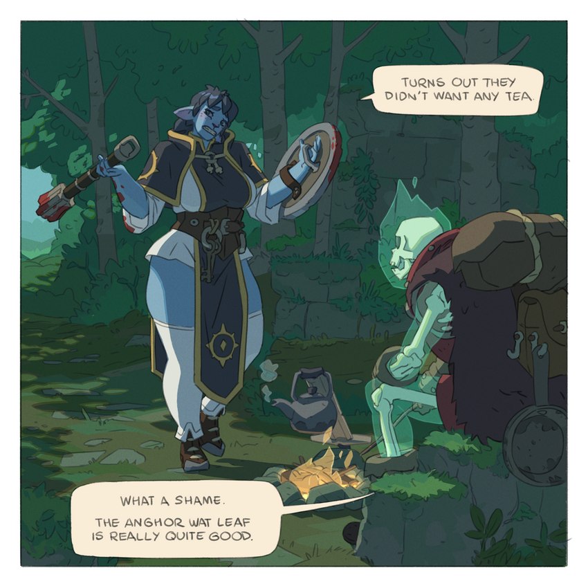 ambiguous_gender anthro big_breasts blood bodily_fluids bone breasts clothing dialogue duo female forest grass mace melee_weapon outside plant shield skeleton sky text tree weapon wide_hips saintmonstre firbolg_cleric_(saintmonstre) sulfor_the_terrible_(saintmonstre) animated_skeleton firbolg undead 1:1 comic english_text hi_res