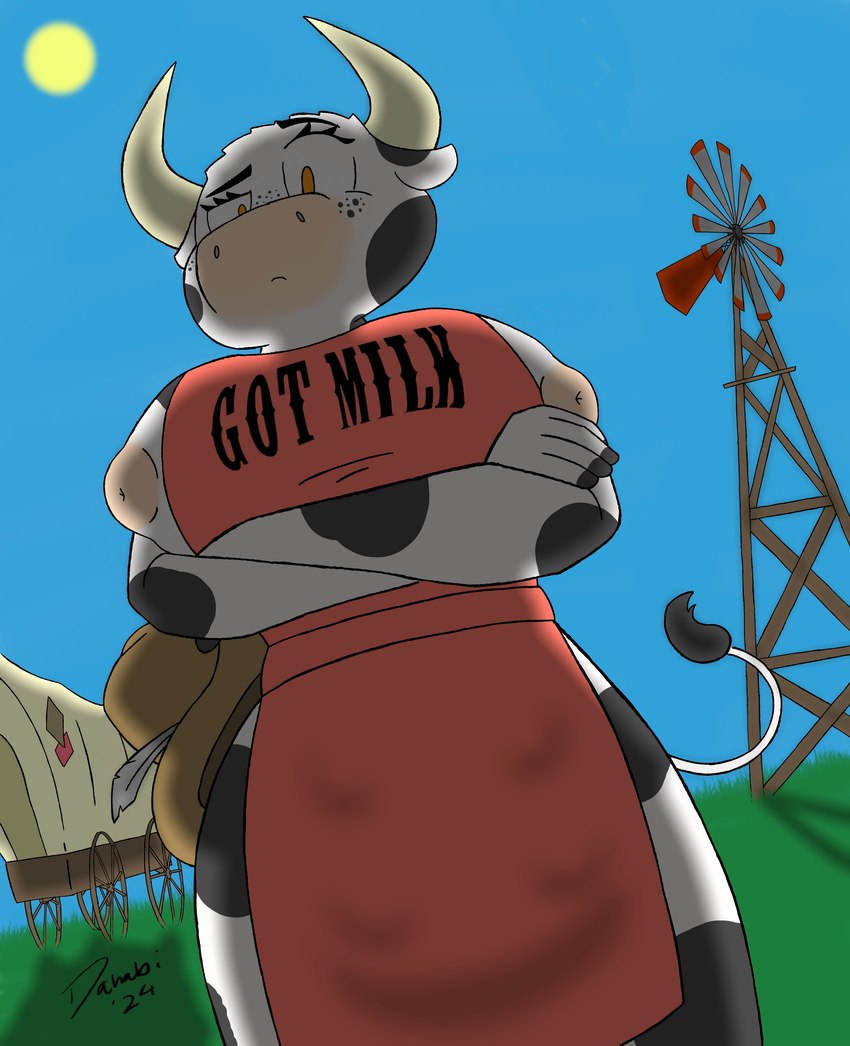 anthro apron apron_only black_body black_fur clothing cowboy_hat crossed_arms female freckles fur grass hat headgear headwear horn nipple_slip orange_eyes plant solo teats udders vehicle wagon white_body white_fur windmill dahabi bovid bovine cattle mammal absurd_res hi_res