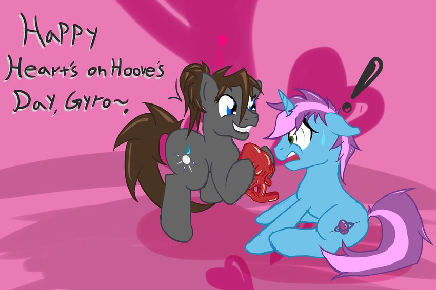 blue_body bodily_fluids cutie_mark duo exclamation_point female green_eyes heart_(organ) heart_reaction heart_symbol holding_heart_(organ) holding_organ holidays hooves horn male mane organs purple_body quadruped sweat sweatdrop text kassc hasbro my_little_pony mythology valentine's_day gyro_tech naisol earth_pony equid equine horse mammal mythological_creature mythological_equine pony unicorn