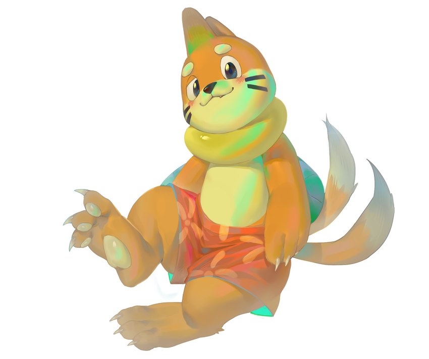 2_tails 3_fingers 3_toes anthro blue_eyes blush clothed clothing embarrassed eyebrows fangs feet fingers fur happy male multi_tail one_eye_half-closed orange_body orange_fur pawpads shorts_only simple_background solo tail teeth toes topless white_background arik_(artist) ariklove monster_mind nintendo pokemon buizel generation_4_pokemon mammal mustelid pokemon_(species) hi_res