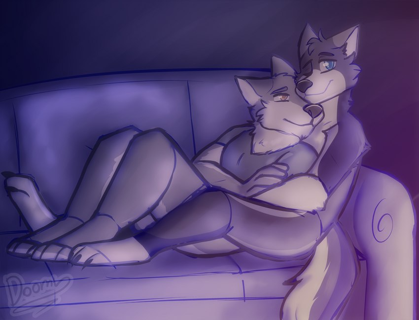 anthro blue_body blue_eyes blue_fur bottomless clothed clothing cuddling duo fur furniture grey_body hair holding_another lying male male/male one_eye_closed shirt shirt_only smile sofa tail topwear topwear_only houndoomy colby_(husky) sylos_(wolf) canid canine canis domestic_dog husky mammal nordic_sled_dog spitz wolf hi_res