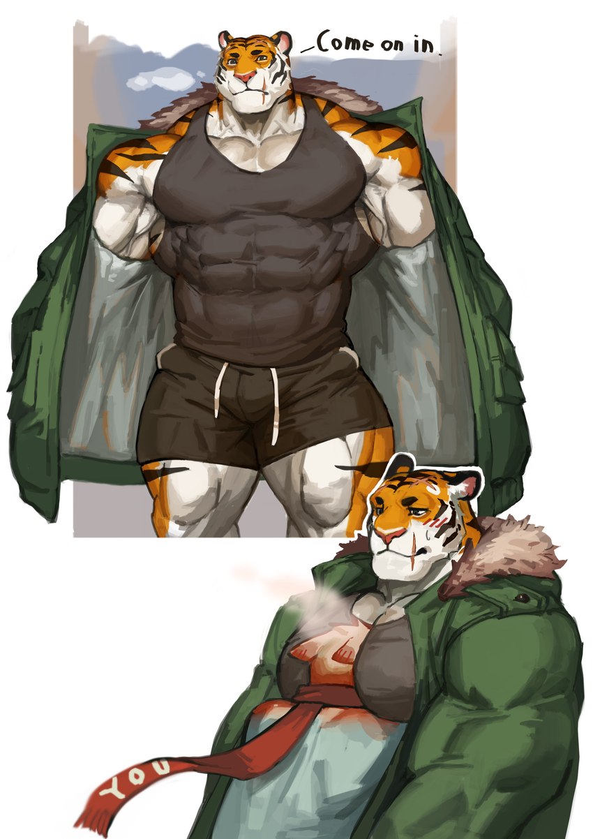 abs anthro biceps body_hair duo hug male muscular muscular_anthro muscular_male pecs striped_body stripes vein veiny_muscles traver009 coach_ho felid mammal pantherine tiger absurd_res hi_res