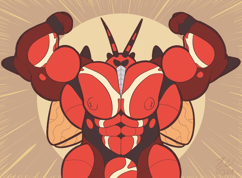 abs antennae_(anatomy) anthro biceps big_muscles flexing flexing_bicep flexing_both_biceps hyper male muscular muscular_anthro muscular_male muscular_thighs nipples pecs red_body red_skin solo wings kalt-jn biceptember nintendo pokemon arthropod buzzwole fly_(animal) generation_7_pokemon humanoid insect mosquito pokemon_(species) ultra_beast digital_media_(artwork) hi_res