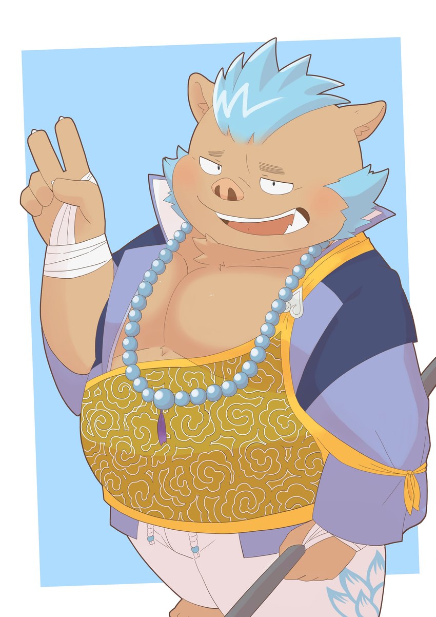 anthro belly brown_body brown_fur buddhist_priest_outfit clothing fur jewelry male monk necklace overweight overweight_male pecs robe solo staff tusks penguin0700 lifewonders tokyo_afterschool_summoners ganglie_(tas) mammal suid suina sus_(pig) wild_boar absurd_res hi_res