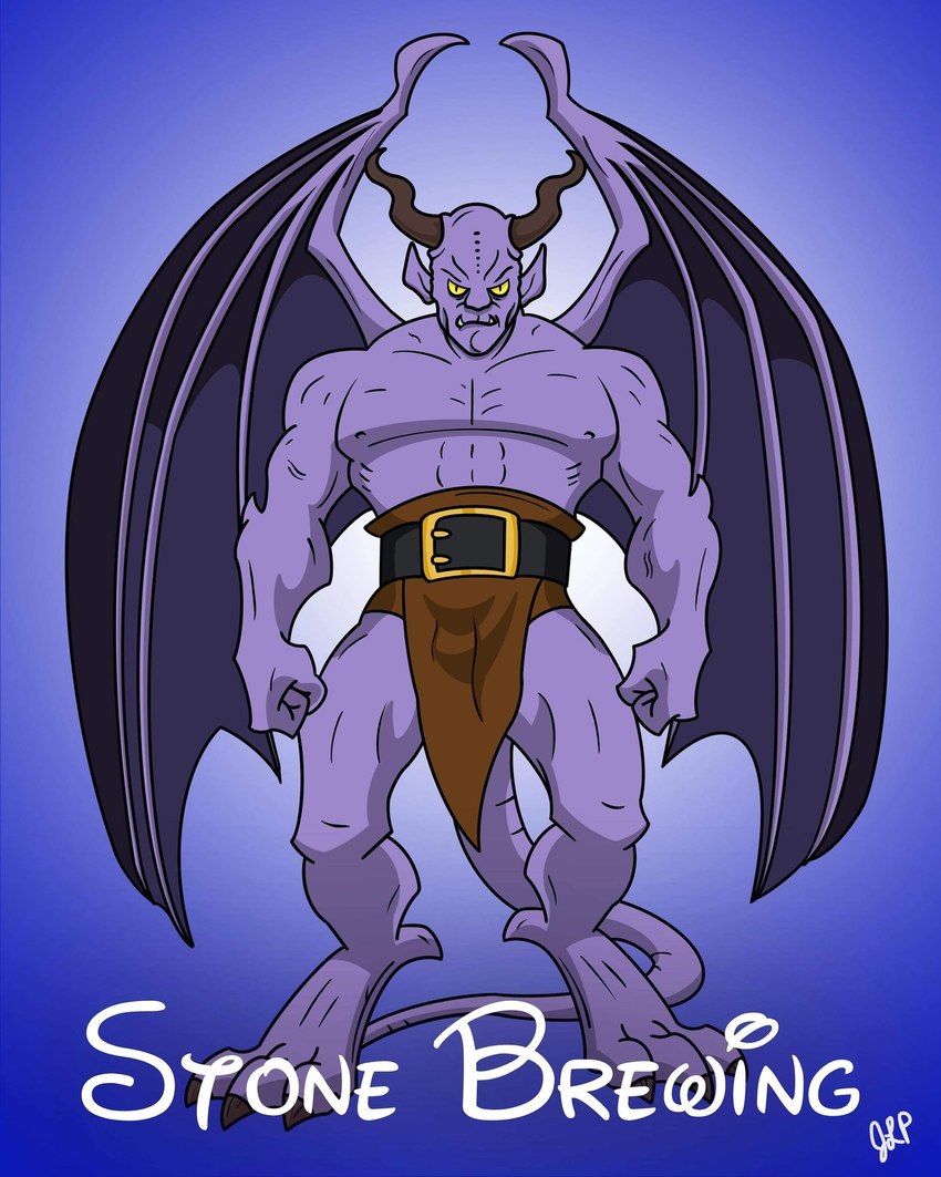 belt bottomwear clothing horn loincloth looking_at_viewer male membrane_(anatomy) membranous_wings muscular solo wings yellow_eyes jasonlpiper87 disney gargoyles stone_brewing goliath_(gargoyles) gargoyle hi_res