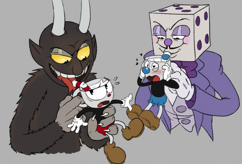 black_body black_fur bottomwear clothed clothing drinking fleischer_style_toon for_a_head fur gloves group handwear heart_symbol horn larger_male male pencil_mustache questionable_consent shorts size_difference smaller_male toony yellow_eyes toxic-boner cuphead_(game) cuphead_(character) king_dice mugman the_devil_(cuphead) animate_inanimate demon object_head brother_(lore) brothers_(lore) sibling_(lore)