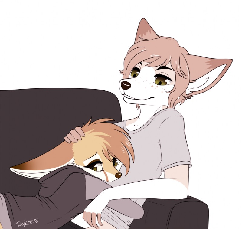 anthro black_nose brown_eyes clothed clothing duo eyebrows eyelashes eyeshadow female fingerless_(marking) freckles fully_clothed furniture hoodie hug makeup male shirt sofa topwear taykoe canid canine fennec_fox fox mammal true_fox 2017