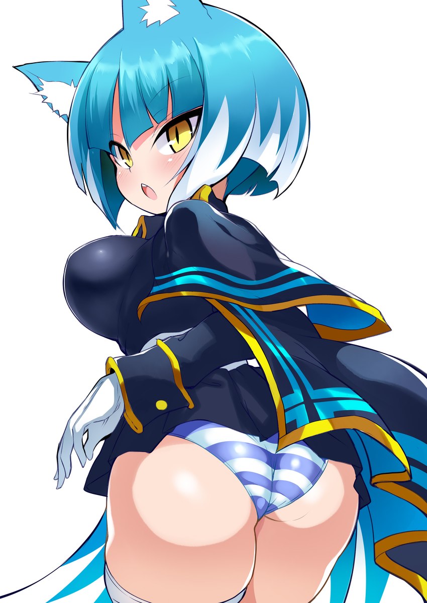 big_breasts blue_hair bottomwear breasts butt clothing female hair panties pattern_bottomwear pattern_clothing pattern_panties pattern_underwear rear_view short_stack simple_background solo striped_bottomwear striped_clothing striped_panties striped_underwear stripes thick_thighs underwear white_background simejinameko bombergirl bomberman konami asagi_(bombergirl) animal_humanoid canid canid_humanoid canine canine_humanoid humanoid mammal mammal_humanoid wolf_humanoid absurd_res hi_res