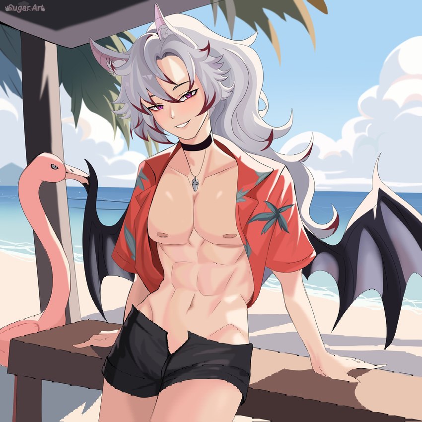 abs aloha_shirt beach black_bottomwear black_choker black_clothing black_jewelry black_necklace black_shorts bottomwear choker clothed clothing cloud detailed_background hair inner_ear_fluff jewelry leaning leaning_backward light_body light_skin long_hair looking_at_viewer male membrane_(anatomy) membranous_wings necklace nipples open_clothing open_shirt open_topwear palm_tree pattern_clothing pattern_shirt pattern_topwear pecs pink_inner_ear plant pointy_ears prick_ears purple_eyes sea shirt shorts sky solo topwear tree tuft water white_hair white_inner_ear_fluff wings sugar_(artist) animal_humanoid avian bat bat_humanoid bird flamingo human humanoid mammal mammal_humanoid digital_drawing_(artwork) digital_media_(artwork) hi_res portrait shaded soft_shading three-quarter_portrait