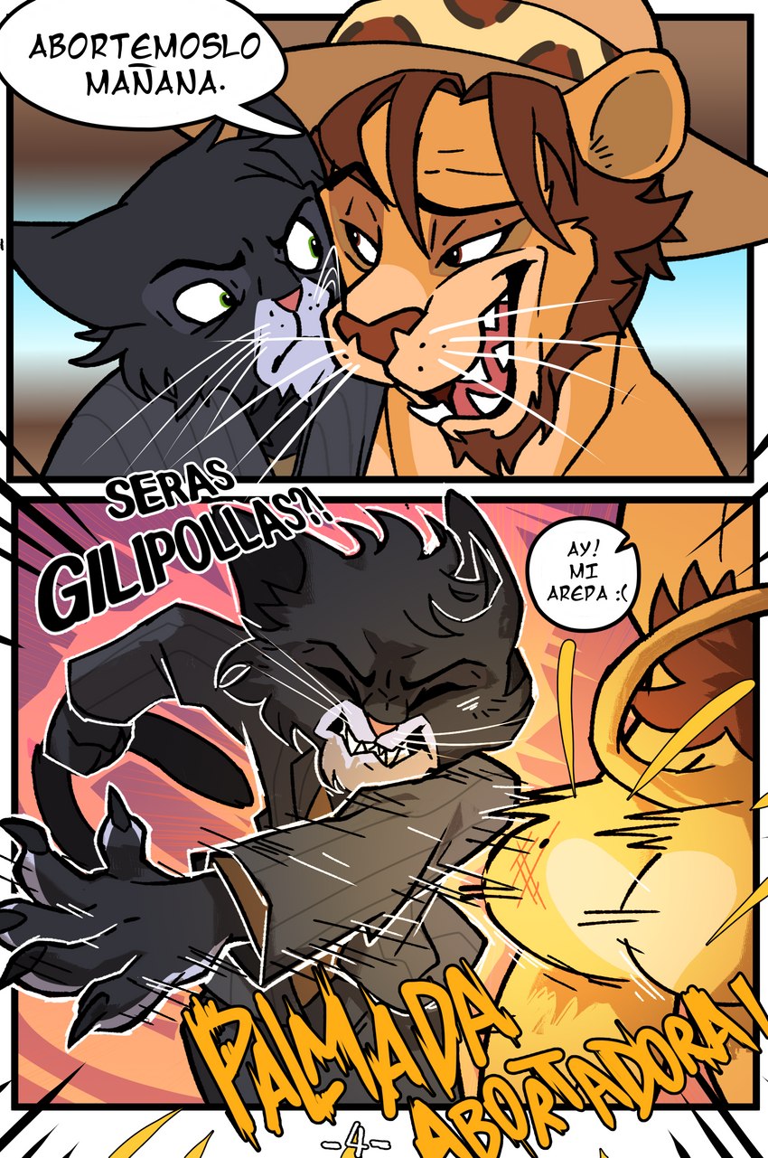 anthro butt_slap fangs male male/male slap teeth text blitzdrachin conditional_dnp i_will_survive_slap dross_rotzank quetzal_(ovejaselectricas) domestic_cat felid feline felis lion mammal pantherine 2023 absurd_res comic hi_res meme spanish_text translated