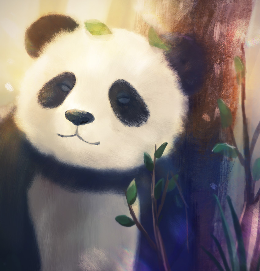 ambiguous_gender black_body black_fur black_nose chibi detailed_background fur leaf multicolored_body multicolored_fur plant semi-anthro solo tree two_tone_body two_tone_fur white_body white_fur araru bear giant_panda mammal otusian 2020 absurd_res hi_res