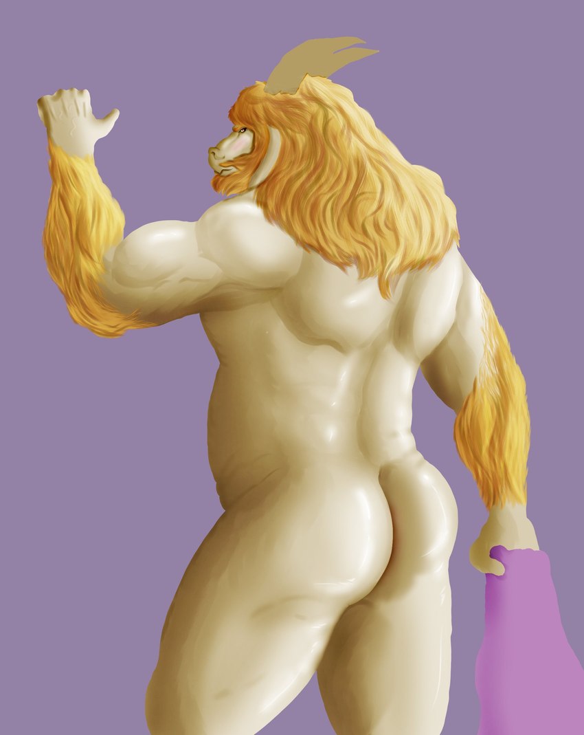 anthro arm_hair beard belly biceps big_butt blonde_hair body_hair butt cape clothing facial_hair fur hair hairy holding_cape horn long_ears looking_at_viewer looking_back male musclegut muscular muscular_anthro muscular_male purple_background rear_view simple_background slightly_chubby slightly_chubby_male solo white_body white_fur kirlanlion undertale undertale_(series) asgore_dreemurr bovid caprine goat mammal hi_res