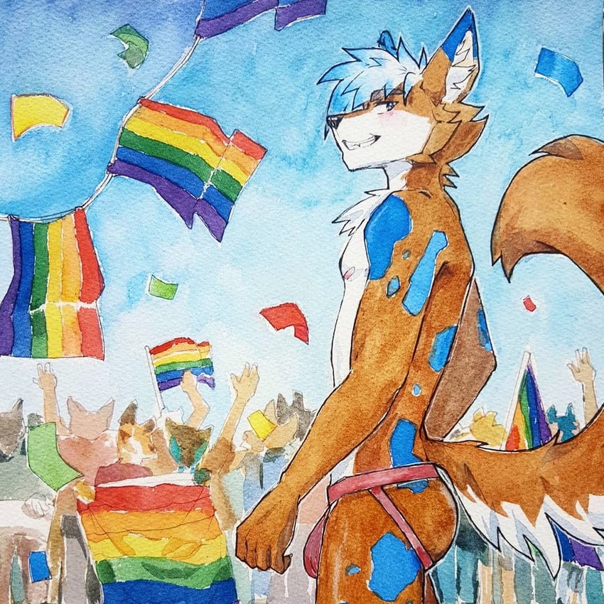 anthro banner blue_eyes blue_hair brown_body brown_fur bulge bunting_(banner) butt cheek_tuft chest_tuft clothed clothing facial_tuft flag flag_(object) fur glistening glistening_eyes grin group hair holding_flag holding_object jockstrap lgbt_pride male nipples outside pride_color_banner pride_color_flag pride_colors rainbow_flag rainbow_pride_colors rainbow_symbol red_clothing red_jockstrap red_underwear short_hair side_view six-stripe_rainbow_pride_colors skimpy smile solo_focus standing tuft underwear unsigned white_body white_fur akatan_art lgbt_pride_month canid canine canis mammal wolf 1:1 traditional_media_(artwork)