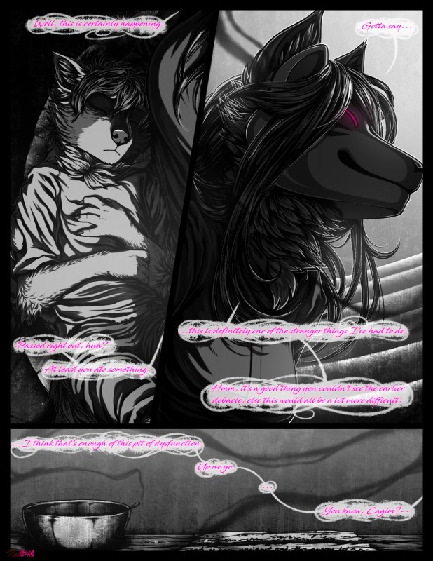 anthro black_hair black_nose detailed_background duo eyes_closed female fur glowing glowing_eyes hair male pink_eyes sleeping smile smoke text conditional_dnp ratte legacy_(ratte) cagim kumo_(ratte) faraden mammal new_faraden procyonid raccoon wraith 2018 comic digital_media_(artwork) english_text hi_res partially_colored