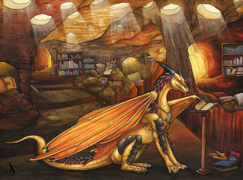 ambiguous_gender book claws detailed_background feral horn membrane_(anatomy) membranous_wings scales sitting solo spines tail wings natoli european_mythology mythology dragon mythological_creature mythological_scalie scalie western_dragon 2020 traditional_media_(artwork)