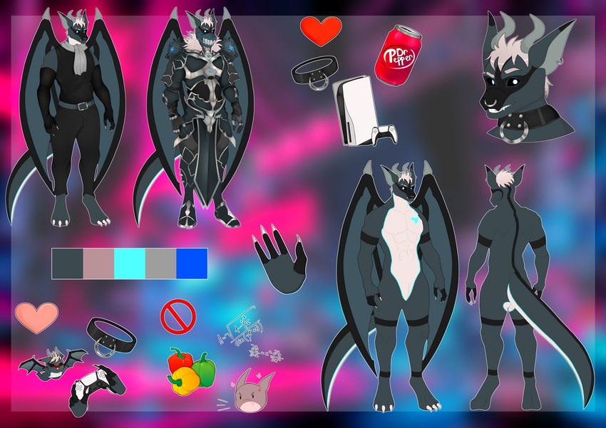 anthro armor bell_pepper beverage_can bottomwear can clothing collar container controller electronics facial_piercing food fruit game_console game_controller glowing glowing_eyes glowing_tattoo hair heart_symbol holding_controller holding_game_controller holding_object horn loincloth male mask pepper_(fruit) piercing pink_heart plant playstation_console playstation_controller ps5_console red_heart solo tail tattoo wings wireless_controller denimurra dr_pepper dualsense mythology playstation playstation_5 sony_corporation sony_interactive_entertainment xargos dragon mythological_creature mythological_scalie scalie absurd_res hi_res model_sheet