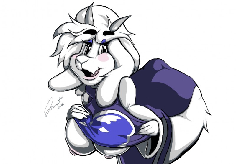 anthro big_breasts big_butt breasts butt clothed clothing female flashing fur horn huge_butt long_ears looking_at_viewer nipples open_mouth simple_background smile solo thick_thighs tongue white_body white_fur wide_hips lemonart undertale undertale_(series) toriel boss_monster_(undertale) bovid caprine mammal 2018 cel_shading digital_media_(artwork) hi_res shaded