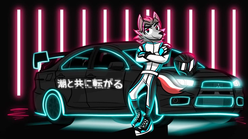 anthro male neon_lights race_car racing_helmet racing_suit solo text quiflex mitsubishi mitsubishi_lancer warwolffritz 16:9 japanese_text widescreen