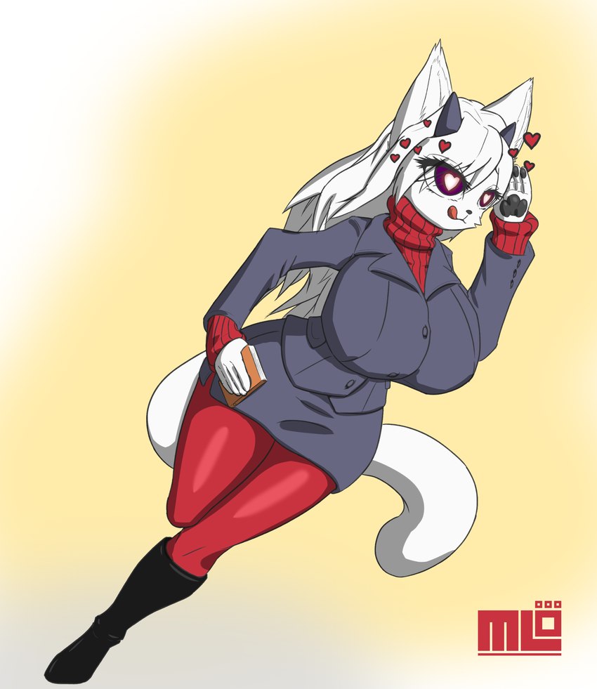 big_breasts boots breasts clothing exercise female footwear fur legwear purple_eyes red_clothing red_legwear shoes socks sweater topwear uniform white_body white_fur mi_lan helltaker milan_(mi_lan) modeus_(helltaker) demon felid feline mammal absurd_res hi_res