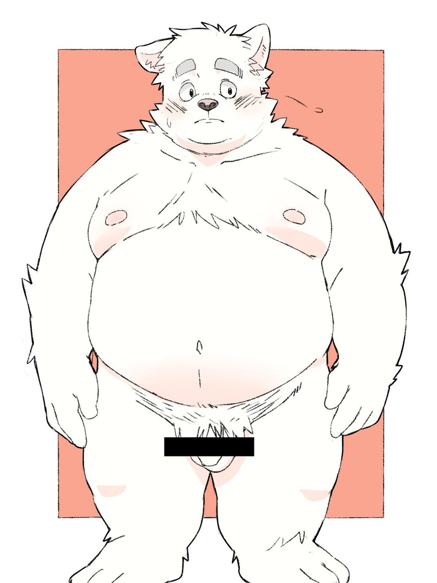 anthro balls belly big_belly blush flaccid genitals kemono male moobs navel nipples overweight overweight_male penis solo inunoshippo canid canine canis domestic_dog mammal 2024 3:4 censored hi_res