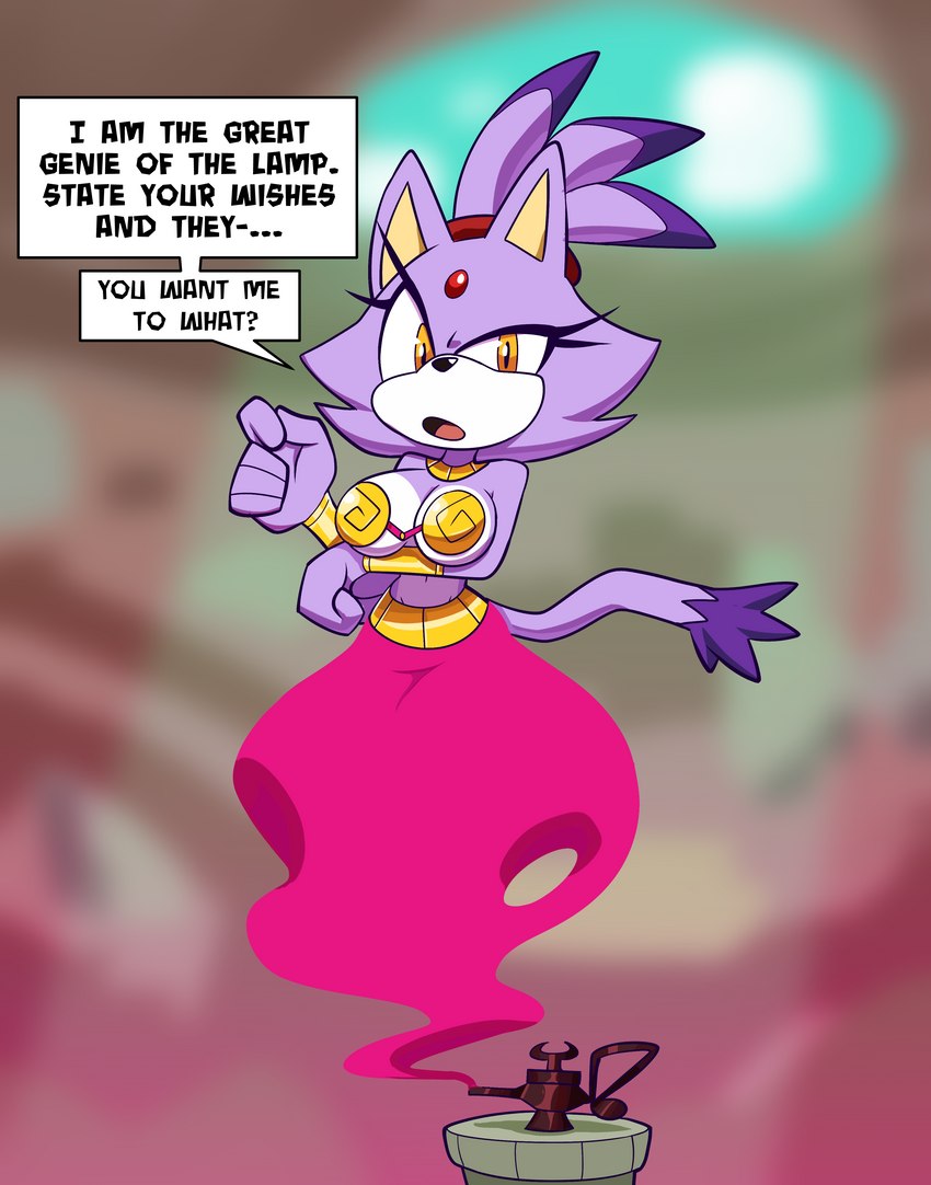 anthro big_breasts blurred_background bra breasts clothing dialogue eyebrows female looking_at_viewer magic_lamp raised_eyebrow solo text underwear monamania sega sonic_the_hedgehog_(series) blaze_the_cat domestic_cat felid feline felis genie mammal absurd_res english_text hi_res