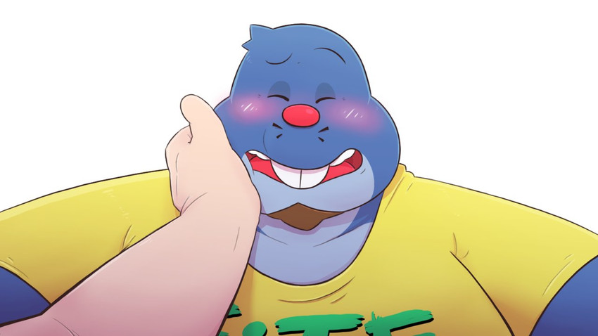 anthro blue_body blush clothed clothing duo eyes_closed humanoid_hands male overweight overweight_male shirt simple_background solo_focus topwear white_background leothelionel the_human_heart_(game) dylan_ramos eulipotyphlan mammal mole_(animal) 16:9 2020 widescreen