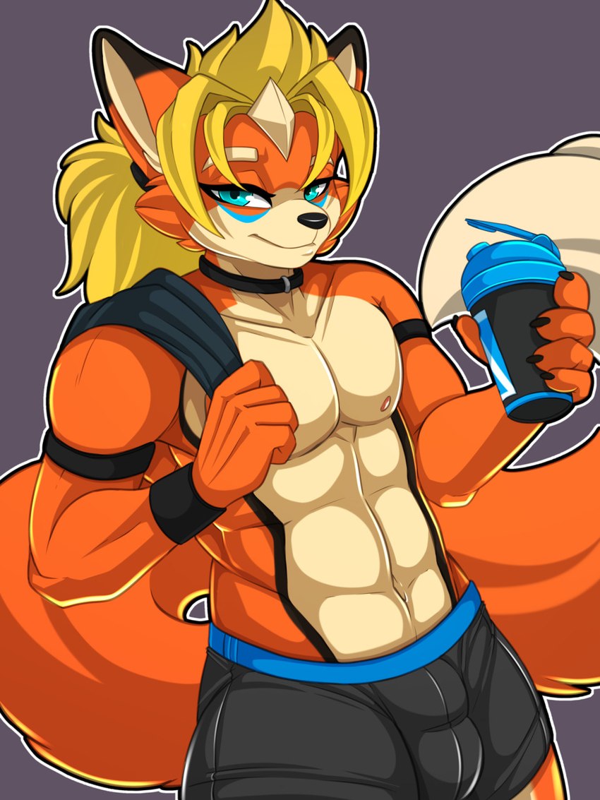 abs anthro armband athletic_wear blonde_hair bottle bottomwear bulge cheek_tuft clothing container detailed_bulge facial_tuft fluffy fluffy_tail fur grey_background gym_bottomwear gym_shorts hair half-closed_eyes male muscle_tone muscular muscular_anthro muscular_male narrowed_eyes orange_body orange_fur pecs shirtless shirtless_anthro shirtless_male shorts simple_background smile solo tail tan_body tan_fur tuft water_bottle wristband jay-r luxo_(iaian_luxo_fox) canid canine fox mammal 3:4 hi_res