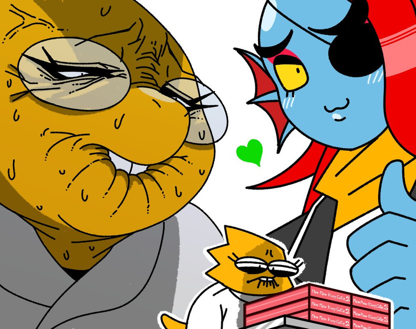 anthro bite biting_lip biting_own_lip cross-popping_vein duo eye_patch eyewear gesture glasses hand_gesture heart_symbol humor scales self_bite simple_background thumbs_up vein white_background yellow_body yellow_scales yellow_sclera koime_shioaji mew_mew_kissy_cutie undertale undertale_(series) alphys undyne animal_humanoid fish fish_humanoid humanoid marine marine_humanoid reptile scalie 2018