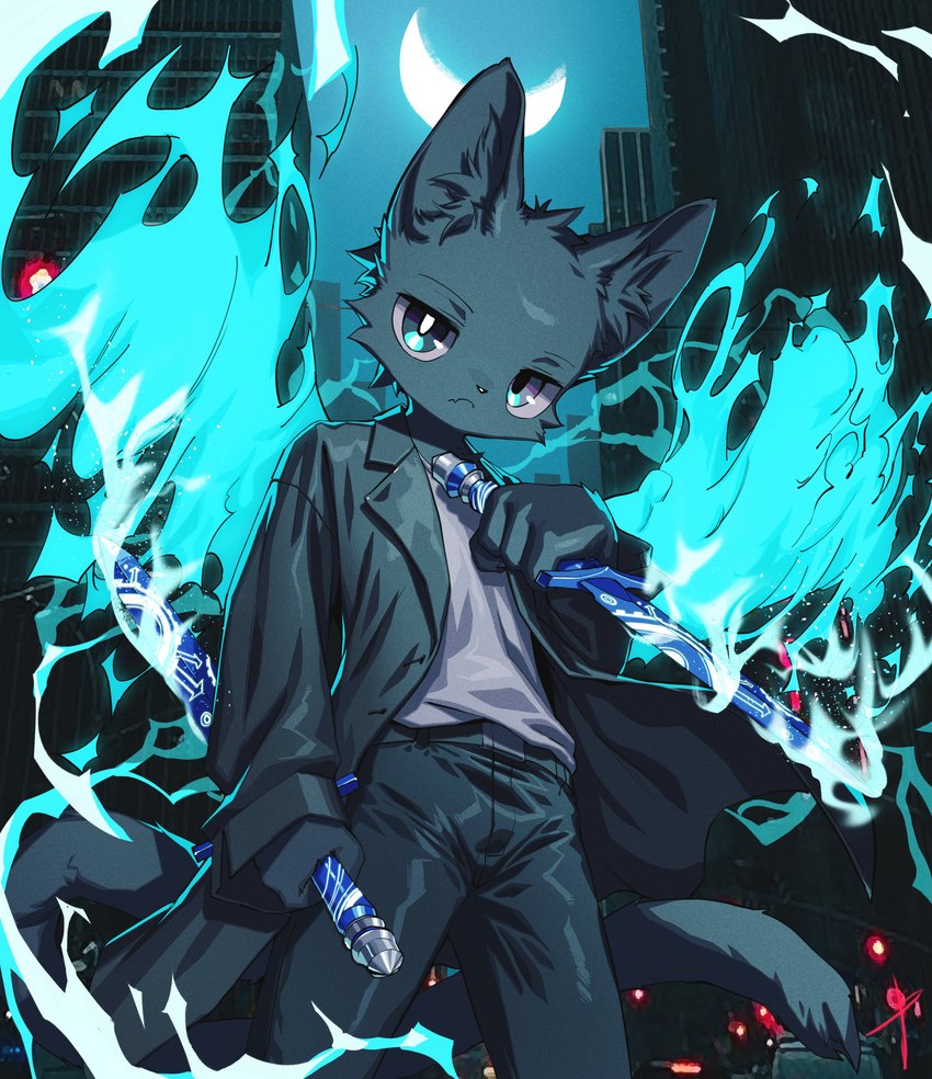 adolescent anthro building cheek_tuft city clothed clothing coat crescent_moon dual_wielding facial_tuft fire flaming_wings front_view frown fully_clothed heterochromia holding_melee_weapon holding_object holding_sword holding_weapon inner_ear_fluff kemono long_tail looking_at_viewer looking_down low-angle_view magic magic_sword male male_anthro melee_weapon moon night photo_background reverse_grip skyscraper solo standing sword tail topwear trenchcoat tuft unusual_anatomy unusual_wings weapon wings young young_anthro young_male blaedic luan_(luan_0530) domestic_cat felid feline felis mammal 2023 absurd_res hi_res mixed_media photography_(artwork) portrait three-quarter_portrait