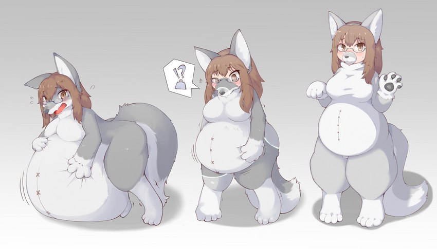 anthro base_one_layout basic_sequence bodily_fluids breasts brown_hair clothing costume cute_fangs eyewear fake_dog_ears fake_ears fangs female fursuit glasses grey_nose hair hand_on_belly human_to_anthro linear_sequence looking_at_viewer looking_down nude one_row_layout open_mouth pawpads pregnant rapid_pregnancy simple_background smile solo species_transformation standing suit_transformation surprise sweat sweatdrop tears teeth three_frame_image three_frame_sequence transformation transformation_sequence shitsu_kushi-mono canid human mammal 2021 hi_res sequence