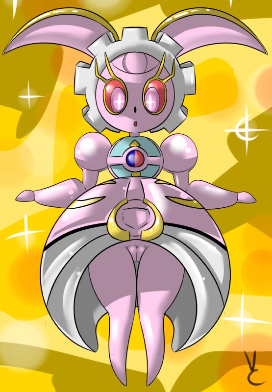 alternate_color blush clothing female genitals not_furry open_mouth pink_eyes pussy red_sclera simple_background solo virate-chip nintendo pokemon generation_7_pokemon humanoid legendary_pokemon magearna pokemon_(species) 2016 hi_res