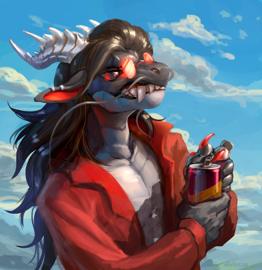 5_fingers anthro clothed clothing day detailed_background ear_piercing ear_ring fingers horn looking_at_viewer male outside piercing red_eyes ring_piercing sky solo akineza asian_mythology east_asian_mythology mythology dragon eastern_dragon mythological_creature mythological_scalie scalie 2022 digital_media_(artwork) hi_res