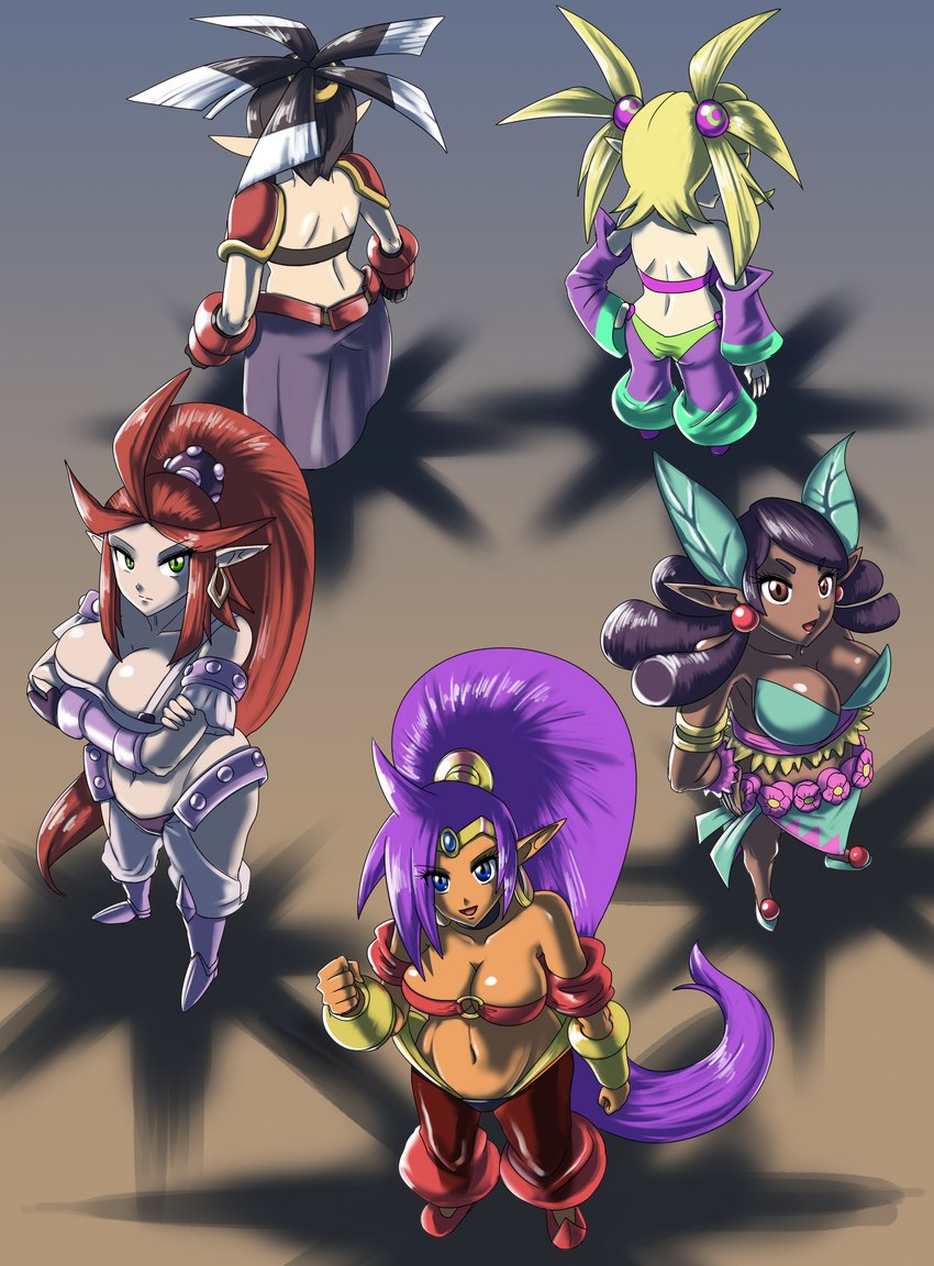 armor black_hair blonde_hair blue_eyes bottomwear bracers breasts brown_eyes cleavage clothed clothing dark_body dark_skin ear_piercing ear_ring female green_eyes group hair humanoid_pointy_ears midriff navel open_mouth piercing pointy_ears purple_hair rear_view red_hair ring_piercing topwear sonicboom30813 shantae_(series) wayforward harmony_(shantae) plink_(shantae) shantae vera_(shantae) zapple_(shantae) genie humanoid hi_res