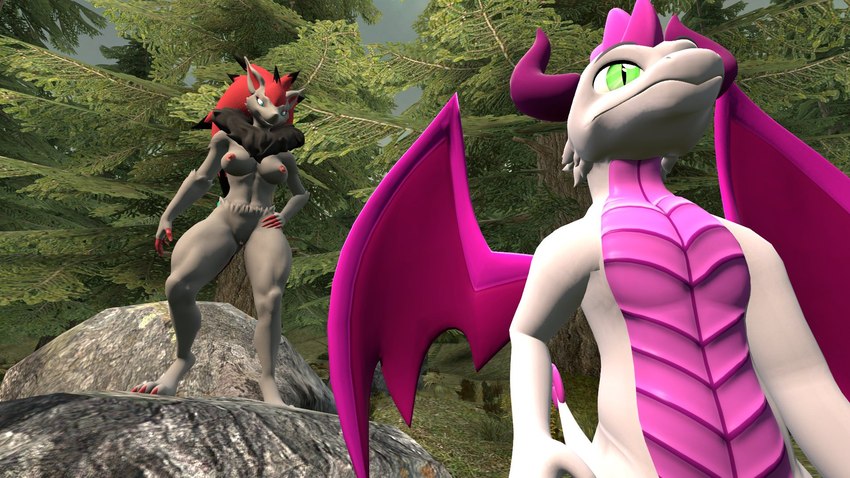 anthro boulder duo female forest male male/female nude outside pink_wings plant rock tree wings soldierguy mythology nintendo pokemon aeryn_(aeryndragon) dragon generation_5_pokemon mythological_creature mythological_scalie pokemon_(species) scalie zoroark 16:9 3d_(artwork) digital_media_(artwork) hi_res widescreen