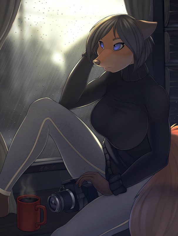 anthro beverage big_breasts biped black_hair black_nose blue_eyes bottomwear breasts camera claws clothed clothing coffee container cup female fur hair inside orange_body orange_fur pants raining short_hair sitting solo sweater topwear turtleneck window window_seat woadedfox rada_(woadedfox) canid canine fox mammal 2016 absurd_res hi_res