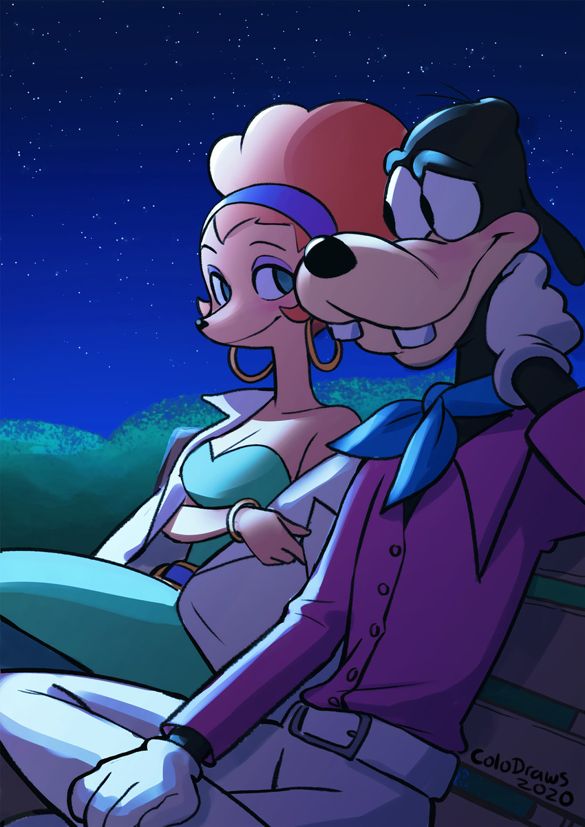 anthro bench blush duo ear_piercing ear_ring female hair male night park_bench piercing red_hair ring_piercing romantic romantic_ambiance romantic_couple sitting colo disney goof_troop goofy_(disney) sylvia_marpole canid canine canis domestic_dog mammal 2020 hi_res