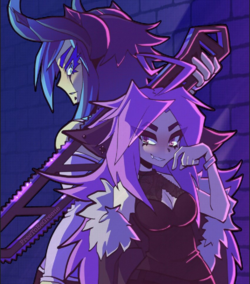 5_fingers black_clothing black_dress breasts brick_wall cleavage clothed clothing detailed_background dress duo fangs female fingers hair light long_hair narrowed_eyes purple_hair red_eyes size_difference smile teeth wall_(structure) freetobegreene rossali_(character) animal_humanoid canid canid_humanoid canine canine_humanoid fox_humanoid humanoid mammal mammal_humanoid 2020 archived_source digital_media_(artwork) hi_res lighting shaded