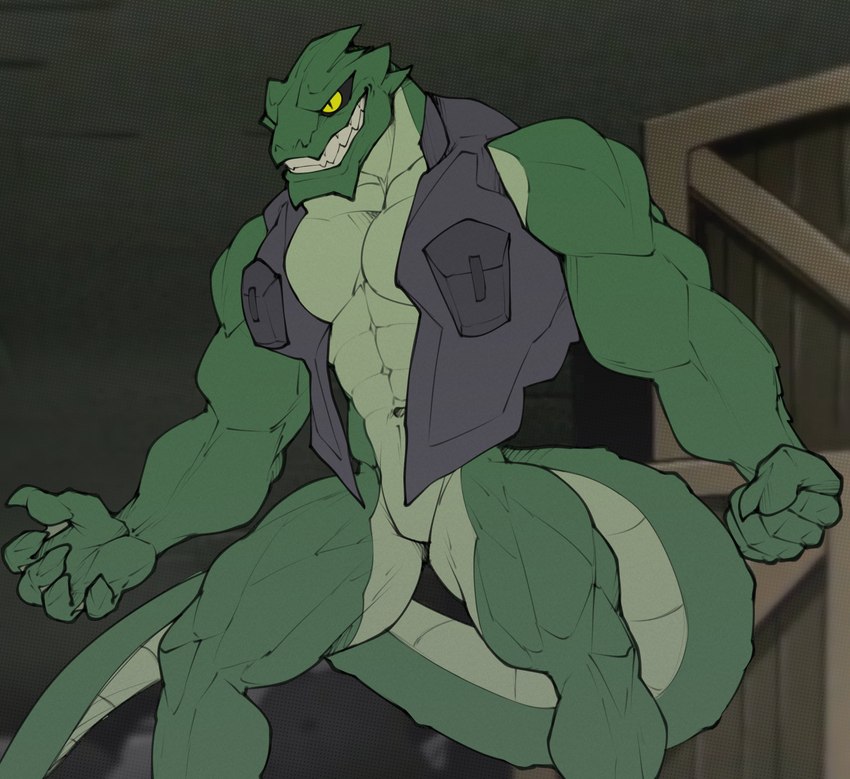 abs anthro biceps clothing jacket male muscular muscular_anthro muscular_male muscular_thighs pecs sharp_teeth solo teeth topwear yellow_eyes deuzion batman_(series) dc_comics killer_croc crocodilian crocodylid reptile scalie absurd_res hi_res