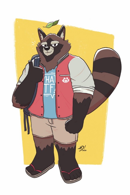 anthro bottomwear brown_body brown_fur clothing footwear fur humanoid_hands male sandals shirt shoes shorts simple_background solo topwear henchmandraws kuon_(cyanroll) canid canine mammal raccoon_dog tanuki 2020 hi_res