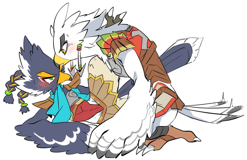 anthro armor blue_body blue_feathers blush duo embarrassed feathers feet looming male male/male scarf talons toes white_body white_feathers popemadara breath_of_the_wild nintendo the_legend_of_zelda revali teba_(tloz) avian bird rito